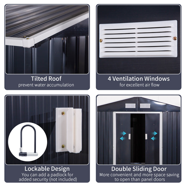 Metal garden shed with double sliding doors and 4 vents, dark grey