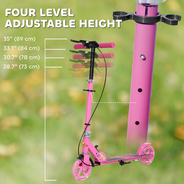 Scooter with light-up wheels, adjustable handlebars, rear brake and handbrake, pink