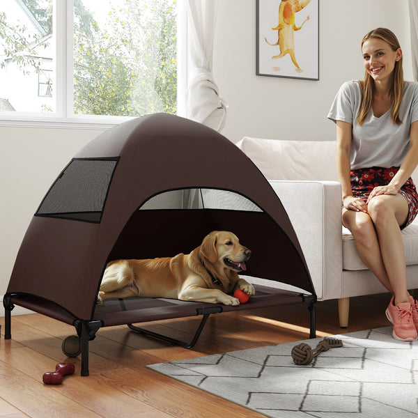 Raised Dog Bed with Canopy, Steel Frame, and Washable Mesh, Coffee Color