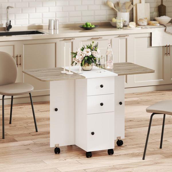 Mobile folding table on casters with drawers and cupboard, white and oak