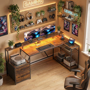 76" Gaming Desk, Computer Table with RGB Lights, USB Ports, Monitor Stand and 2 Fabric Drawers, Rustic Brown