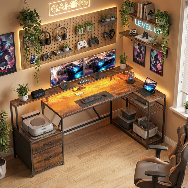 76" Gaming Desk, Computer Table with RGB Lights, USB Ports, Monitor Stand and 2 Fabric Drawers, Rustic Brown