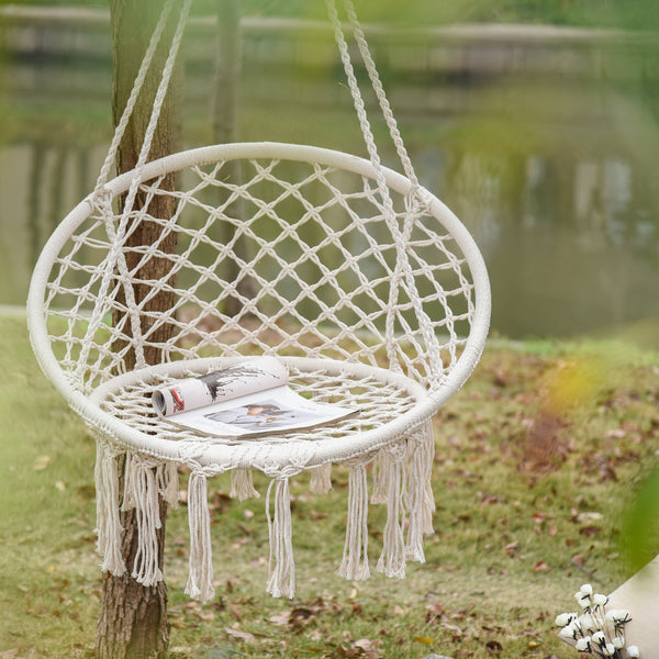 Hanging rope hammock with backrest, cream white