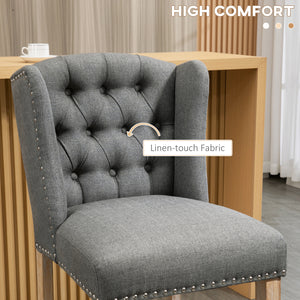 Set of 2 padded bar stools with studded backrest and footrest, grey