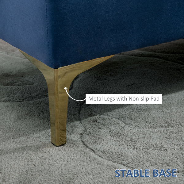 Upholstered bedside bench with button tufting, blue