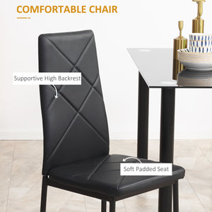 Table and chair set for 4 people, glass table, padded seat and steel frame