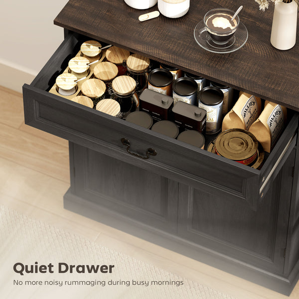 Farmhouse style buffet, thick top, silent drawer and adjustable shelf, black wood finish.