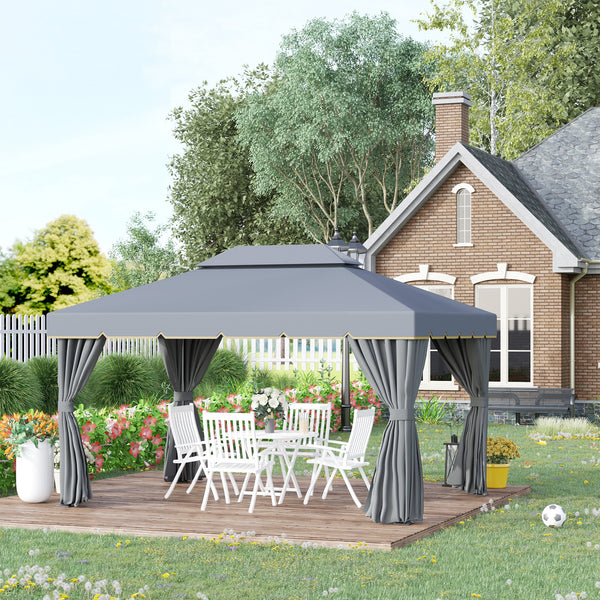 10 x 13 gazebo with two-tier polyester roof, breathable mesh side panels and sturdy aluminum frame, grey