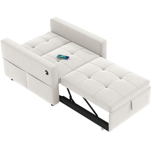 Sofa beds with USB port, adjustable backrest in velvet, cream white