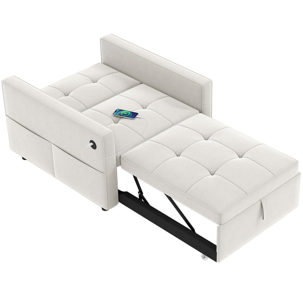 Sofa beds with USB port, adjustable backrest in velvet, cream white