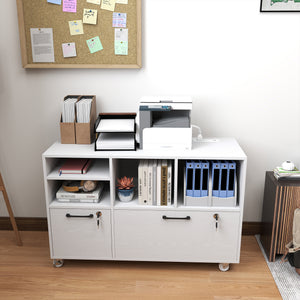 Wood-effect mobile filing cabinet with charging station and locking drawers, white