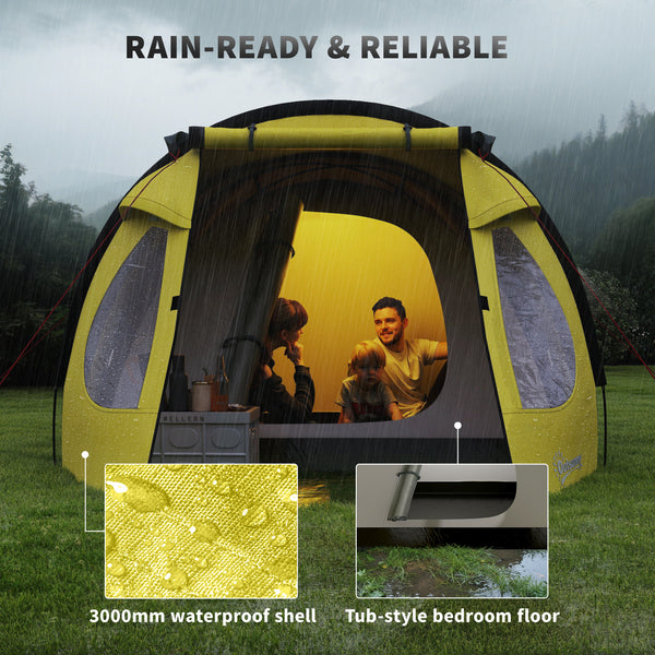 Camping tent with integrated awning and groundsheet