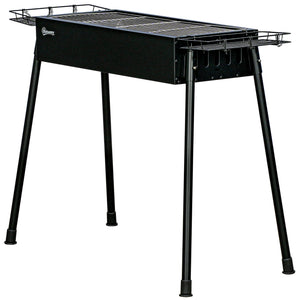 Charcoal barbecue with side spice baskets, hooks and nets, black