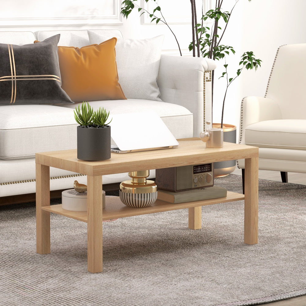 Two-tier coffee table with storage shelf, natural wood color