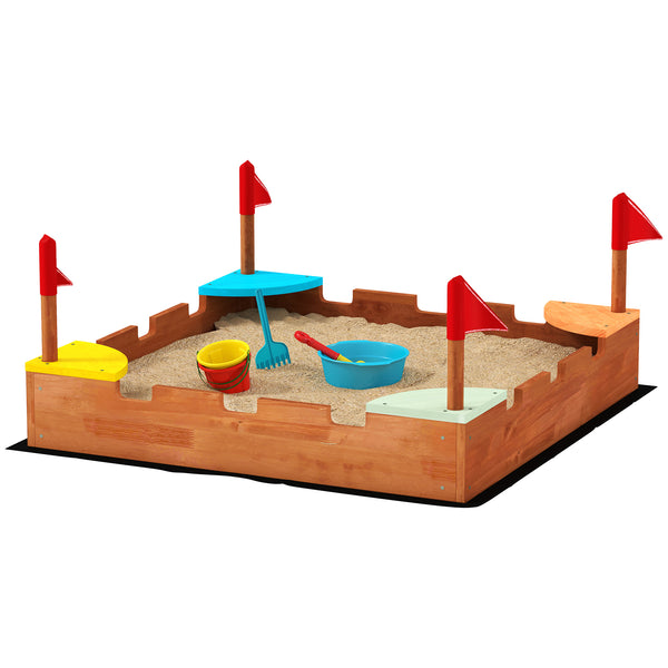Wooden sandbox with flags, 4 built-in colorful corner seats, brown wood