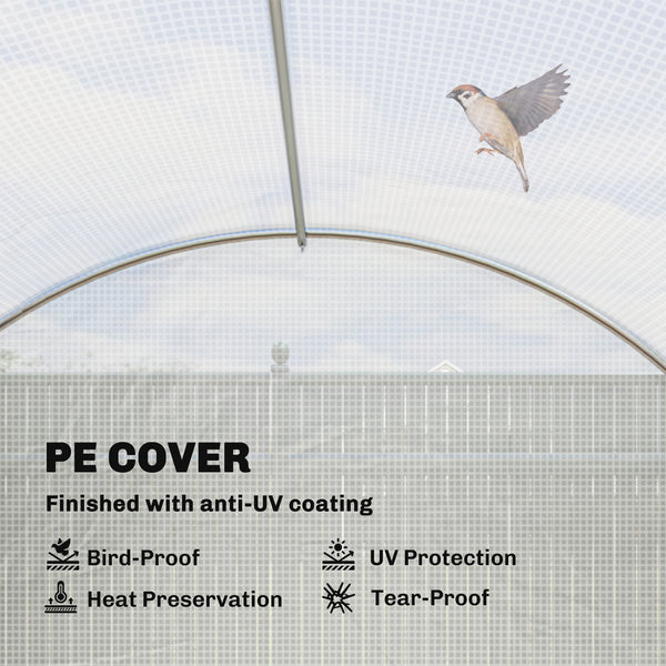 White heated tunnel greenhouse for plants with support bars