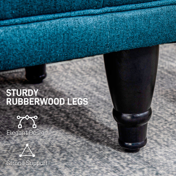 Linen fabric storage pouf with button tufting, blue