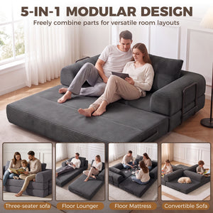5-in-1 modular corduroy sofa bed, dark grey