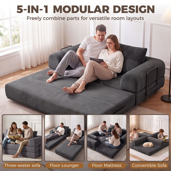 5-in-1 modular corduroy sofa bed, dark grey