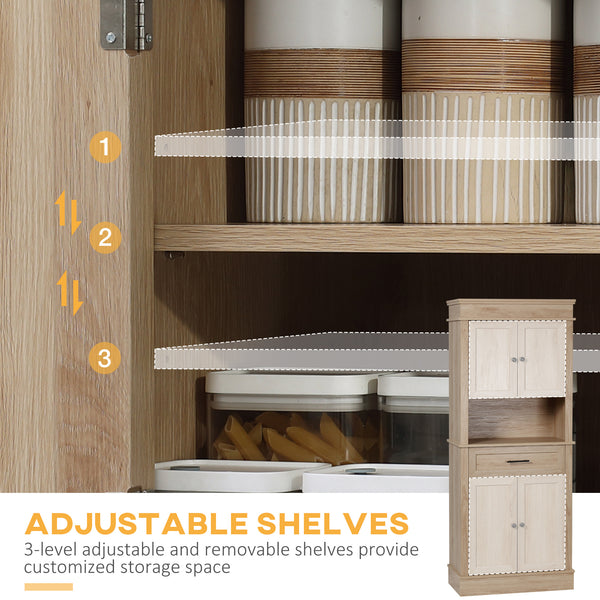 Modern kitchen cabinet with doors, open and adjustable shelves, oak