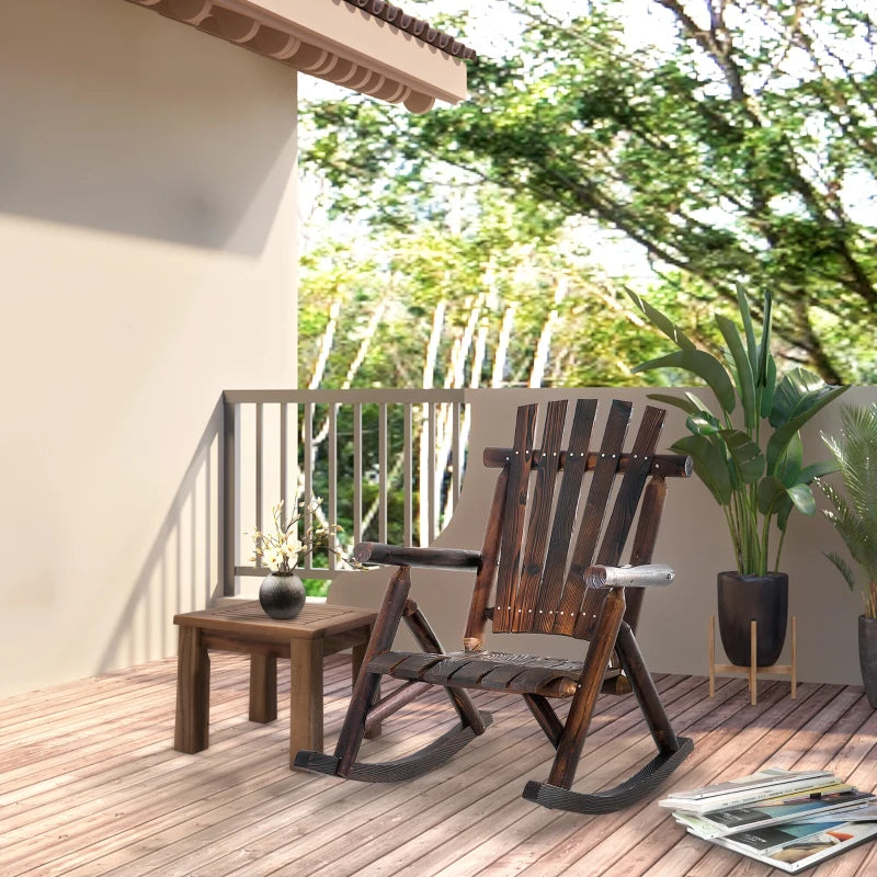 Adirondack style outdoor rocking chair with high back and slatted seat