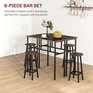 Bar set for 4 people, 2 breakfast tables and 4 stools, rustic brown.