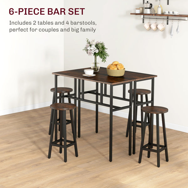 Bar set for 4 people, 2 breakfast tables and 4 stools, rustic brown.