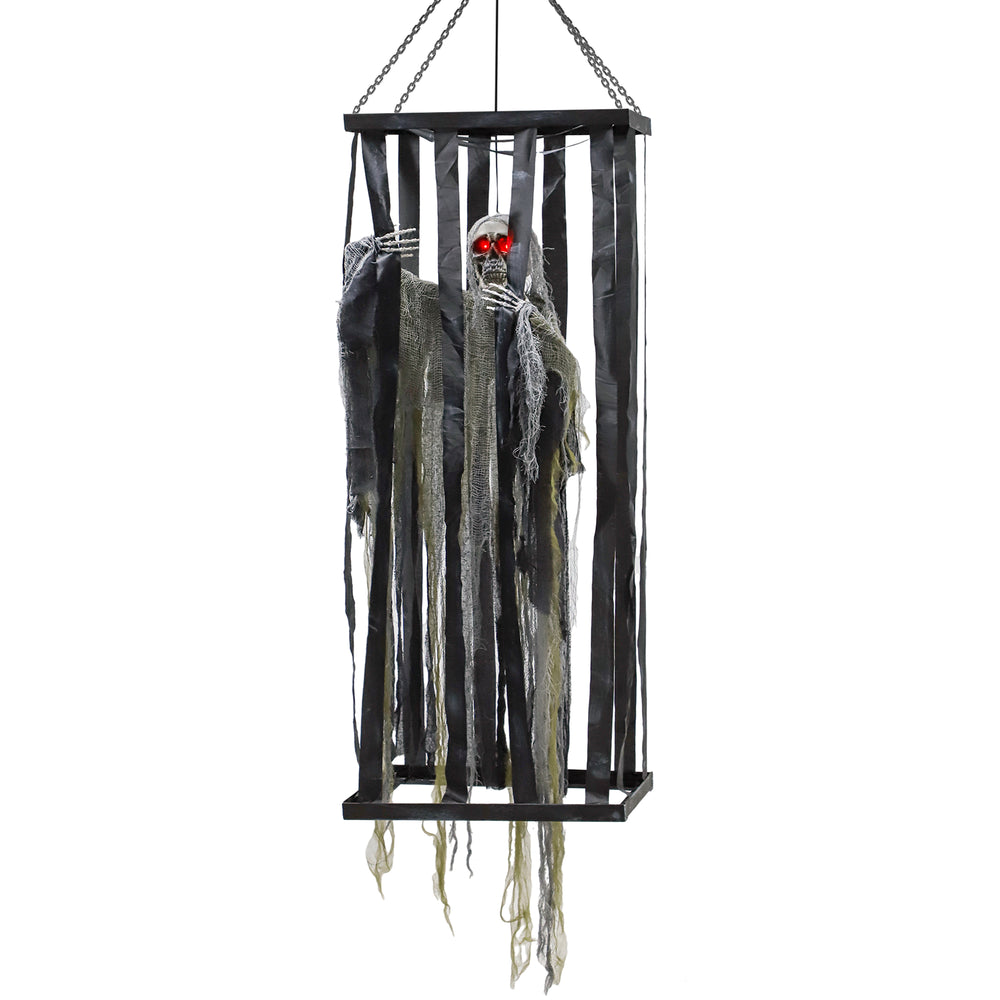 Skeleton reaper suspended in a cage, voice-activated accessory with flashing eyes