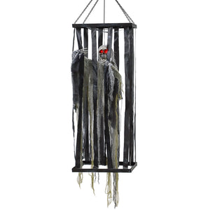 Skeleton reaper suspended in a cage, voice-activated accessory with flashing eyes