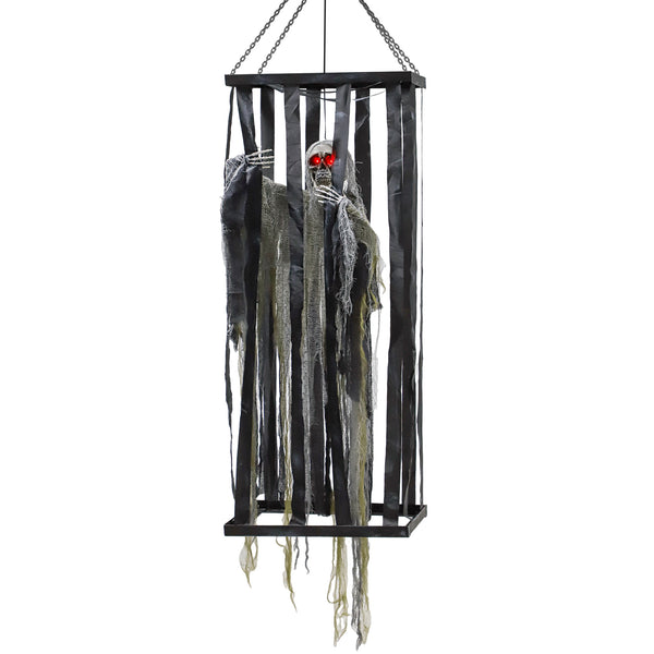 Skeleton reaper suspended in a cage, voice-activated accessory with flashing eyes