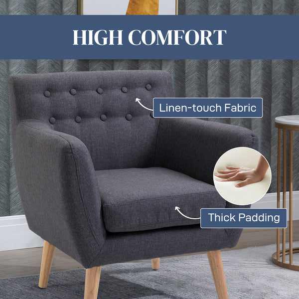 Linen accent chair with wooden frame and thick padding, dark grey