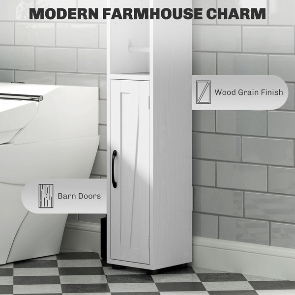 Narrow bathroom vanity with barn doors, drawer and adjustable shelves, white wood look