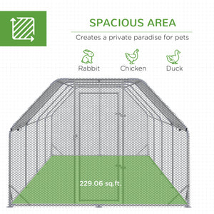 Galvanized metal chicken coop with flat roof and tarp