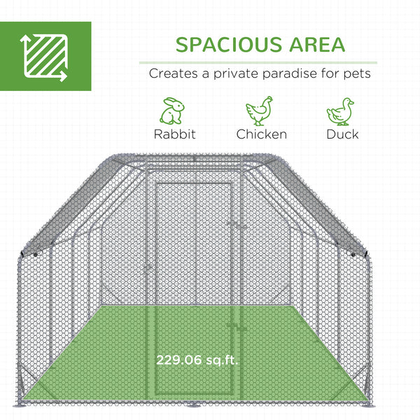 Galvanized metal chicken coop with flat roof and tarp