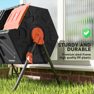 Rotating double-compartment composter with 24 ventilation holes and steel legs, 130 litres, orange