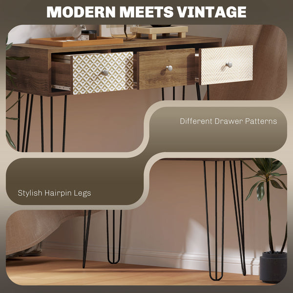 Console table with drawers and hairpin legs, brown