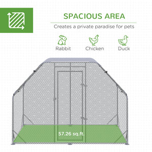 Galvanized metal chicken coop with flat roof and tarp