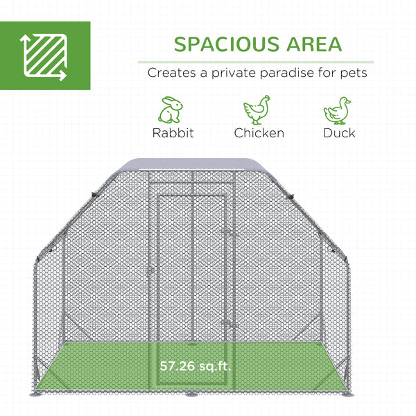 Galvanized metal chicken coop with flat roof and tarp