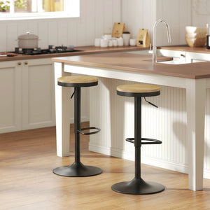Set of 2 wooden bar stools, swivel and height-adjustable, natural wood and black.