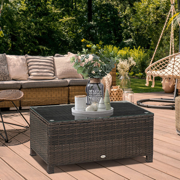 Woven rattan coffee table with glass top, brown