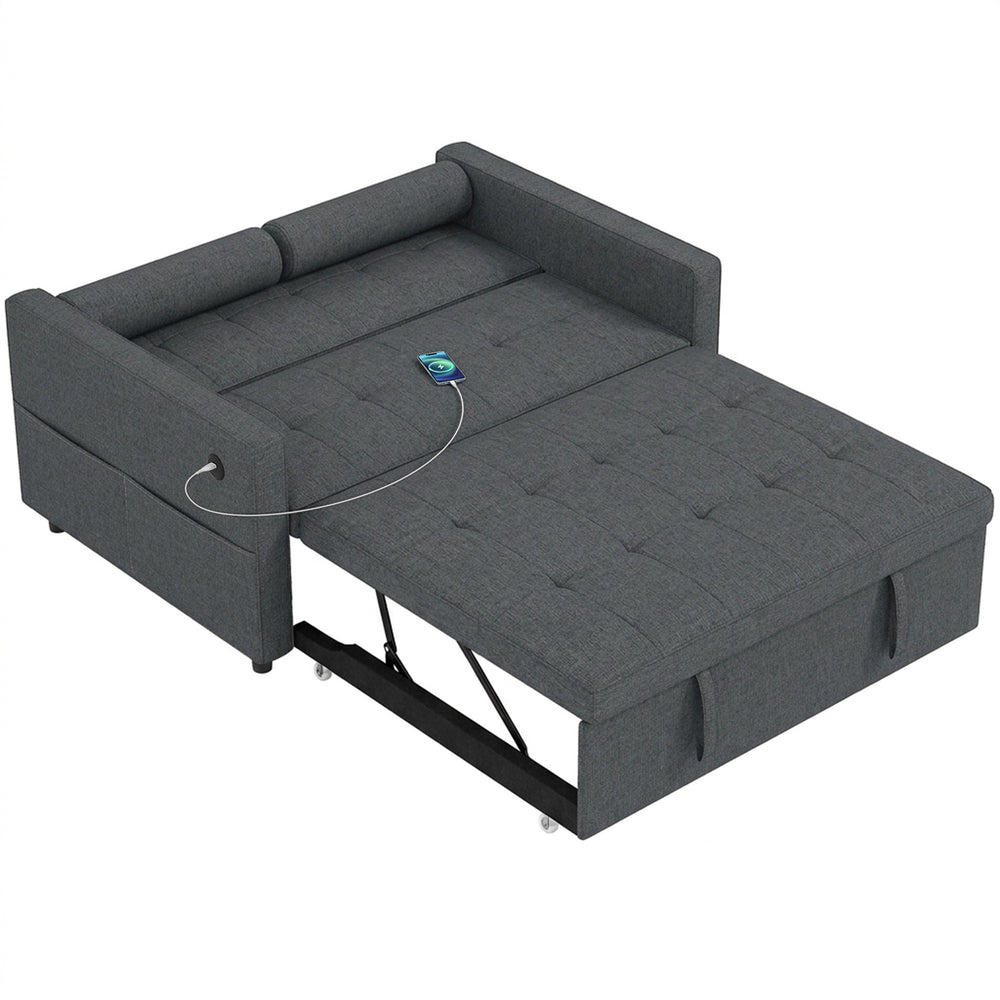 Dark grey two-seater linen trundle sofa bed with USB ports