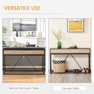 Entrance console table with 2 drawers, coffee table with steel frame, black