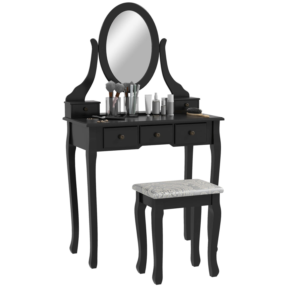 Dressing table with stool and 360° rotating oval mirror, black