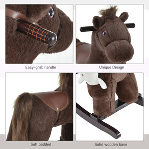 Plush rocking horse with teddy bear, brown and white