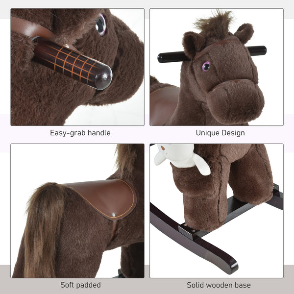 Plush rocking horse with teddy bear, brown and white