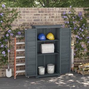 Wooden garden shed with 3-tier shelves, asphalt roof and shuttered doors