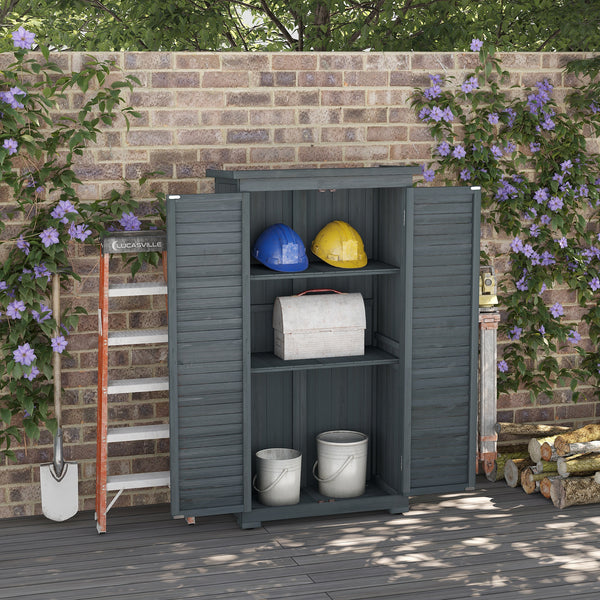 Wooden garden shed with 3-tier shelves, asphalt roof and shuttered doors