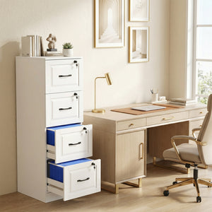 4-drawer vertical filing cabinet with lock, equipped with adjustable hanging rails for A4 and Letter sizes, white.