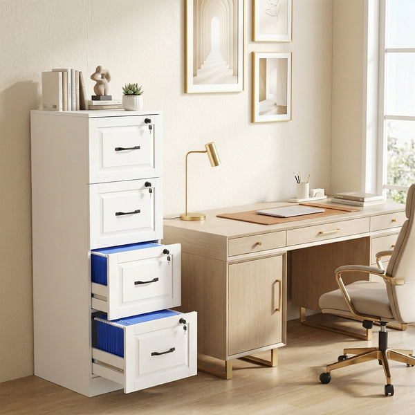 4-drawer vertical filing cabinet with lock, equipped with adjustable hanging rails for A4 and Letter sizes, white.