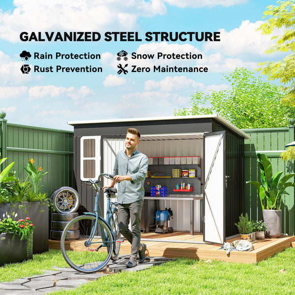 Outdoor garden shed made of galvanized steel, with window, wide lockable doors and vents, dark gray